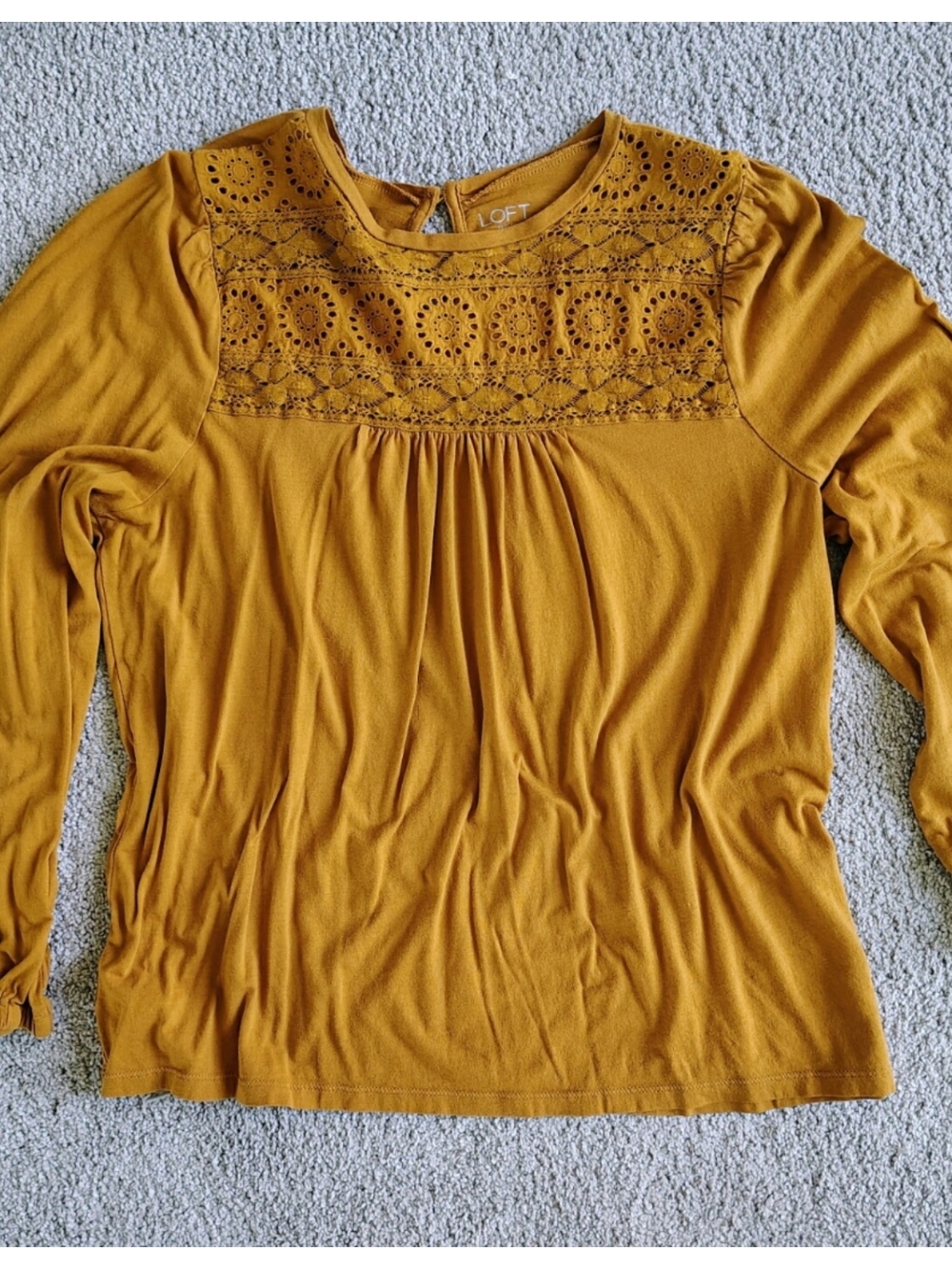 LOFT Mustard Yellow Eyelet Yoke Long Sleeve Top